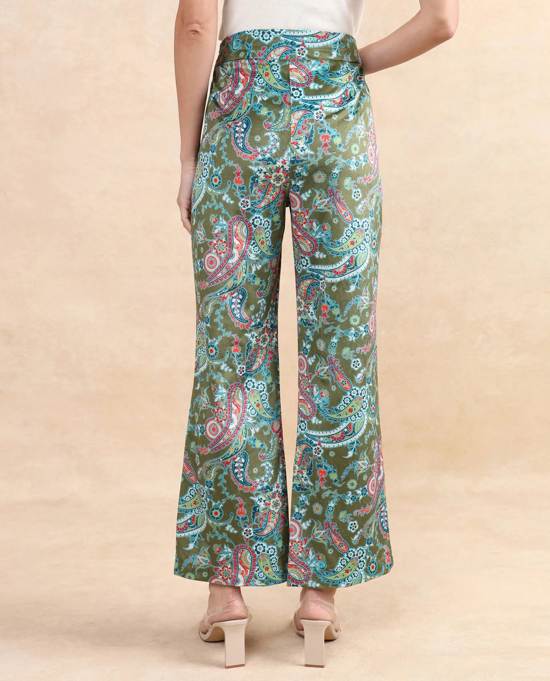 Rareism Women Camder-B Multi Velvet Zipper Closure Bootcut Ankle Length Paisley Print Trouser
