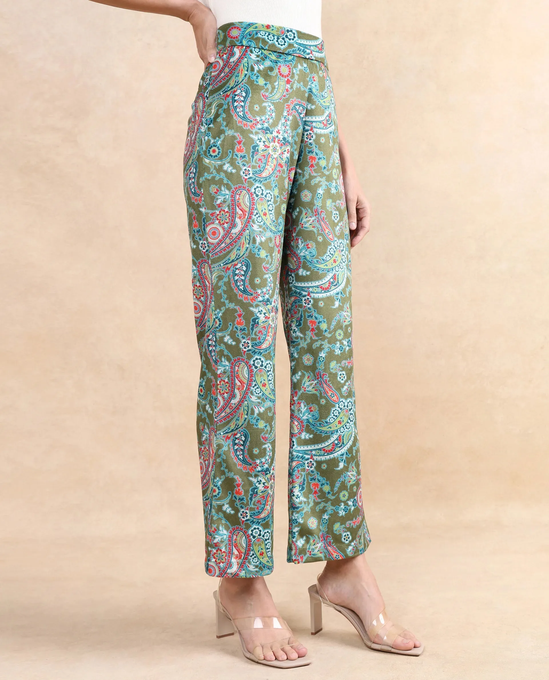 Rareism Women Camder-B Multi Velvet Zipper Closure Bootcut Ankle Length Paisley Print Trouser