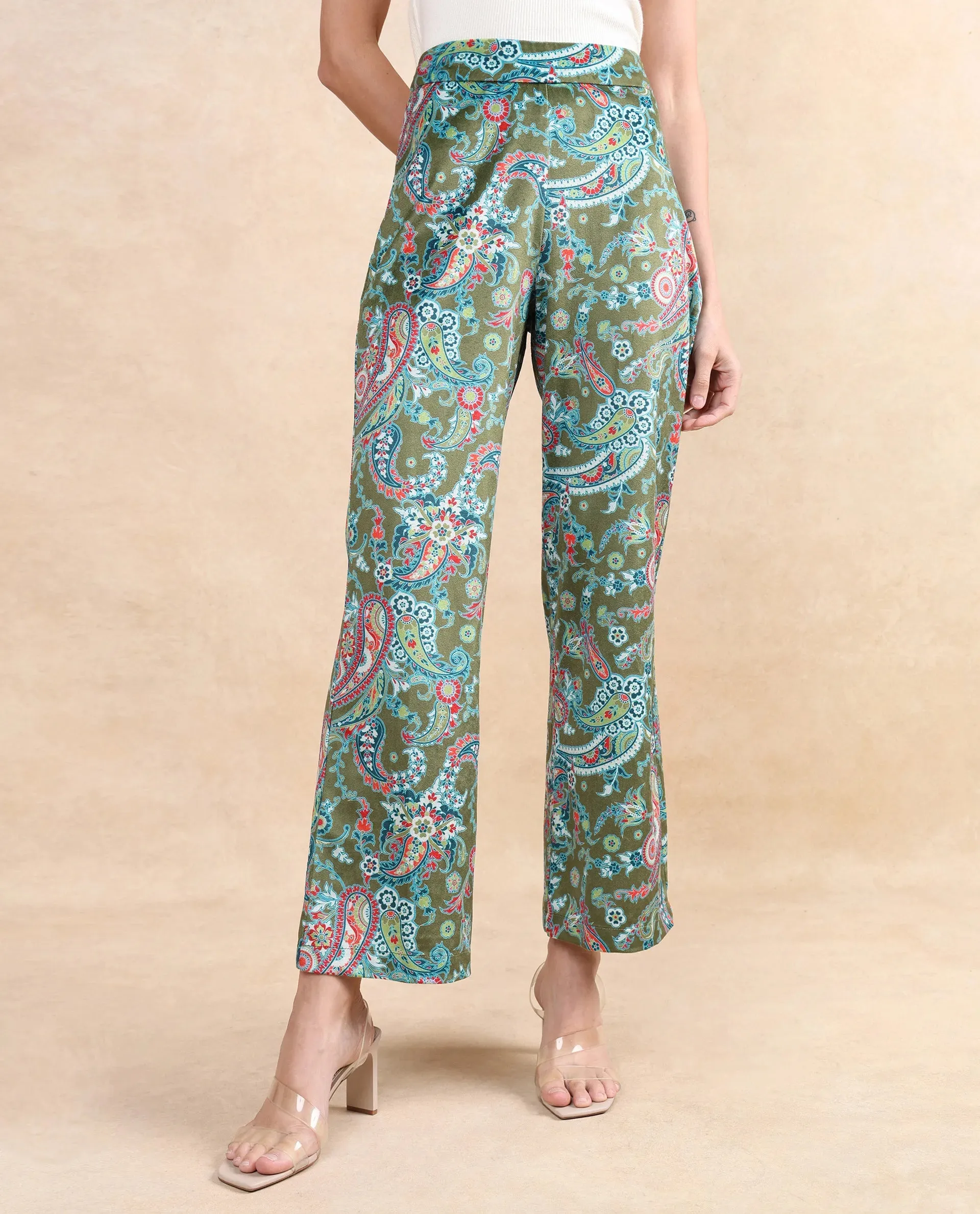 Rareism Women Camder-B Multi Velvet Zipper Closure Bootcut Ankle Length Paisley Print Trouser