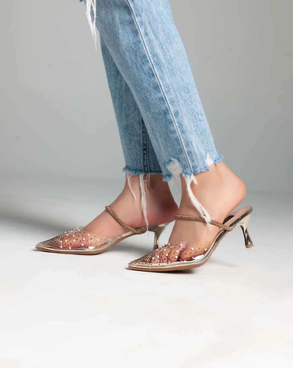 Strass Transparent Mules - Sandals - Gold