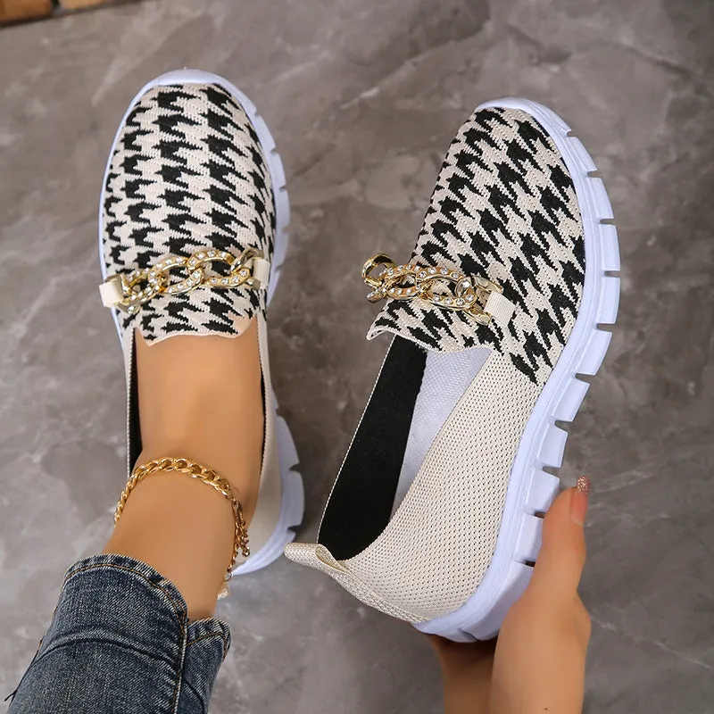 Women's Houndstooth Print Chain Mesh Loafers